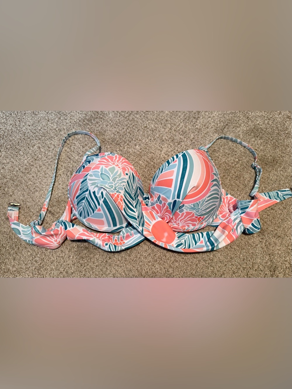 Tropical Print Twist Front Bikini Top - Coral & Teal